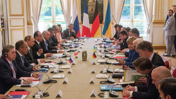 Встреча президента России Владимира Путина, Федерального канцлера Германии Ангелы Меркель, президента Франции Франсуа Олланда и президента Украины Петра Порошенко в "Нормандском формате" в Париже
