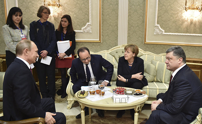 Переговоры Владимира Путина, Ангелы Меркель, Франсуа Олланда и Петра Порошенко в Минске