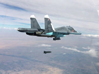 Истребитель-бомбардировщик Су-34 во время нанесения авиаударов в провинциях Ракка и Алеппо Истребитель-бомбардировщик Су-34 во время нанесения авиаударов в провинциях Ракка и Алеппо