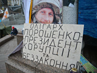 Плакат с надписью «Олигарх Порошенко - президент коррупции и беззакония» Плакат с надписью «Олигарх Порошенко - президент коррупции и беззакония»