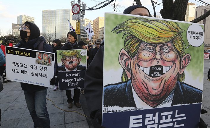 Акция протеста против системы THAAD в Сеуле