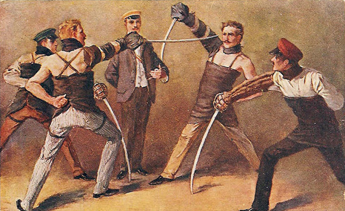 Дуэль на саблях между германскими студентами в 1900-х годах. Юноши, держащие сабли вниз — секунданты, а человек с часами — арбитр