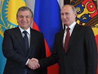 Президент РФ Владимир Путин и президент Узбекистана Шавкат Мирзиеев на церемонии официальной встречи глав государств - участников СНГ. 11 октября 2017