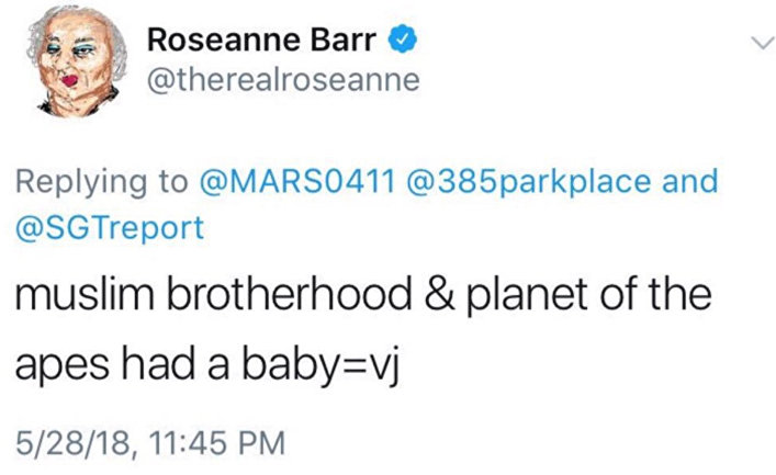 Скриншот удаленного твитта со страницы Roseanne Barr
