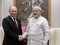 Владимир Путин и премьер-министр Республики Индии Нарендра Моди на церемонии встречи в Нью-Дели. 4 октября 2018