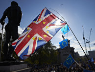 Протестующие у здания парламента Великобритании в Лондоне Протестующие у здания парламента Великобритании в Лондоне