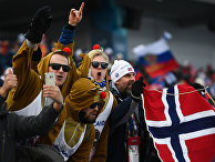 Норвежские и российские болельщики на трибуне во время эстафеты 4x10 км среди мужчин в соревнованиях по лыжным гонкам на XXIII зимних Олимпийских играх Норвежские и российские болельщики на трибуне во время эстафеты 4x10 км среди мужчин в соревнованиях по лыжным гонкам на XXIII зимних Олимпийских играх