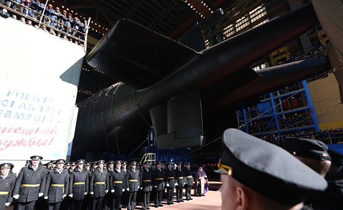 Спуск на воду атомной подводной лодки "Белгород" в Архангельской области