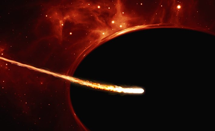Художественное изображение звезды типа Солнца, разрываемую гравитацией сверхмассивной черной дыры