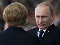 Владимир Путин разговаривает с Ангелой Меркель на праздновании годовщины высадки в Нормандии Владимир Путин разговаривает с Ангелой Меркель на праздновании годовщины высадки в Нормандии