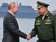 Президент РФ Владимир Путин и министр обороны РФ Сергей Шойгу на церемонии закладки, стыковки и спуска на воду кораблей для Военно-Морского Флота РФ 23 апреля 2019 Президент РФ Владимир Путин и министр обороны РФ Сергей Шойгу на церемонии закладки, стыковки и спуска на воду кораблей для Военно-Морского Флота РФ 23 апреля 2019