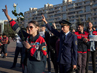 Сотрудники «Белорусской железной дороги» во время акции протеста в Минске Сотрудники «Белорусской железной дороги» во время акции протеста в Минске
