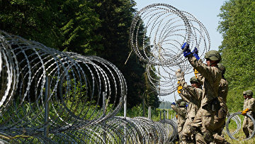 Солдаты литовской армии устанавливают колючую проволоку на границе с Беларусью